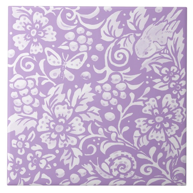 Light Purple Bird Snail Butterfly Floral Woodland Ceramic Tile (Front)