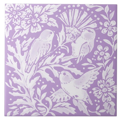 Light Purple Birds on Thistle Floral Woodland Ceramic Tile