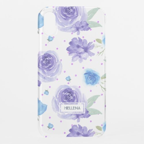 Light purple  blue flowers pattern monogram iPhone XR case