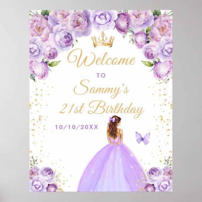Light Purple Brown Hair Princess Birthday Welcome Poster (Front)