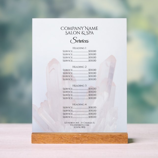 Light Purple Crystals Salon Spa Services Menu Acrylic Sign (Neutral)