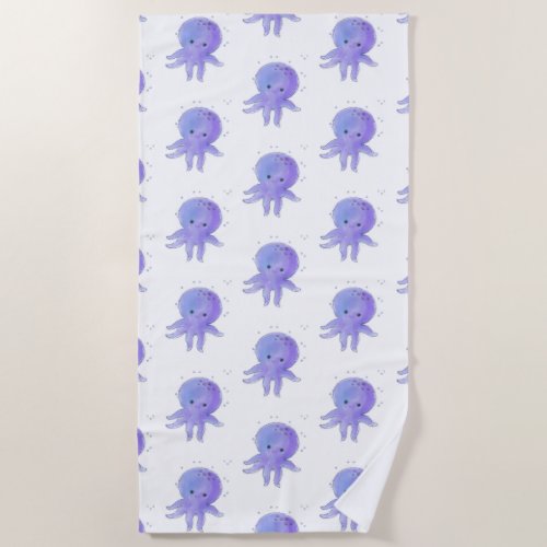 Light Purple Cute Octopus Watercolor Beach Towel
