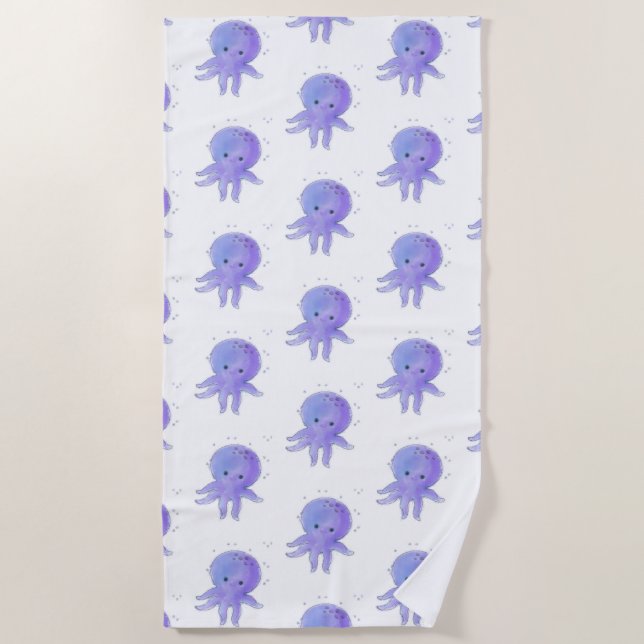 Light Purple Cute Octopus Watercolor Beach Towel (Front)
