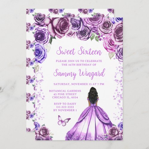 Light Purple Dark Skin Princess Sweet Sixteen Invitation