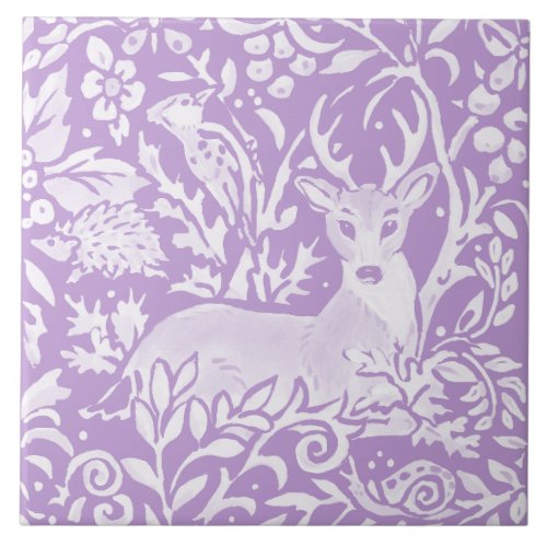 Light Purple Deer Bird Hedgehog Woodland Nature Ceramic Tile