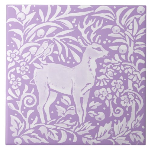 Light Purple Deer Buck Bird Floral Woodland Nature Ceramic Tile