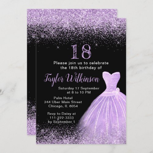 Light Purple Dress Faux Glitter Birthday Party Invitation