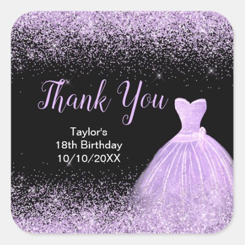 Light Purple Dress Faux Glitter Birthday Thank You Square Sticker