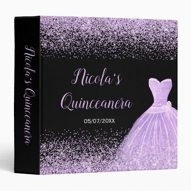 Light Purple Dress Faux Glitter Quinceanera Album 3 Ring Binder (Front/Spine)