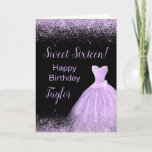 Light Purple Dress Faux Glitter Sweet 16 Birthday Card<br><div class="desc">A beautiful lilac purple themed elegant watercolor dress gown on a black background with faux glitter at the top and bottom of the card. 
All of the text can be personalized to suit your own requirements.</div>