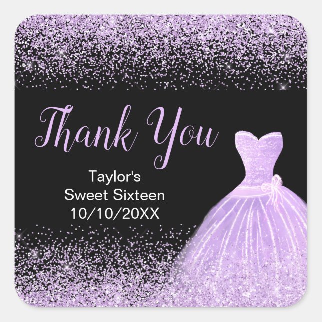 Light Purple Dress Faux Glitter Sweet 16 Birthday Square Sticker (Front)