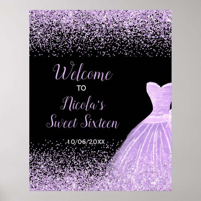 Light Purple Dress Faux Glitter Sweet 16 Welcome Poster (Front)