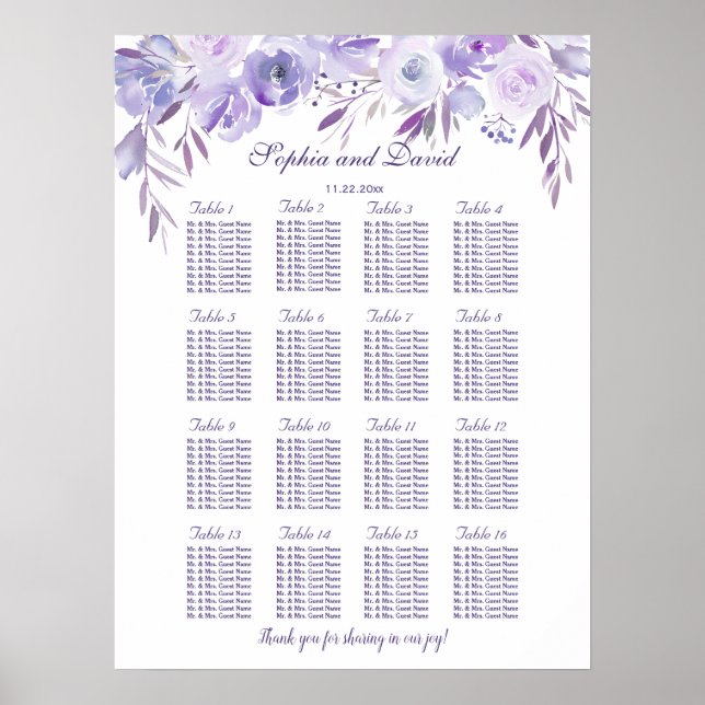 Light Purple Dusty Blue Floral Seating Chart (Front)
