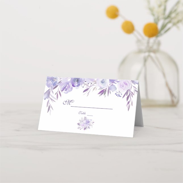 Light Purple Dusty Blue Floral Violet Table Number Place Card (Back)