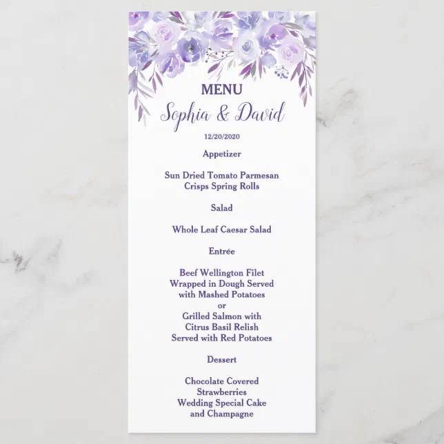 Light Purple Dusty Blue Floral Wedding Menu | Zazzle