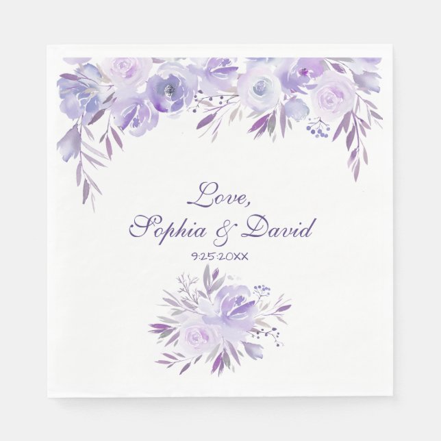 Light Purple Dusty Blue Floral Wedding Paper Napkins (Front)