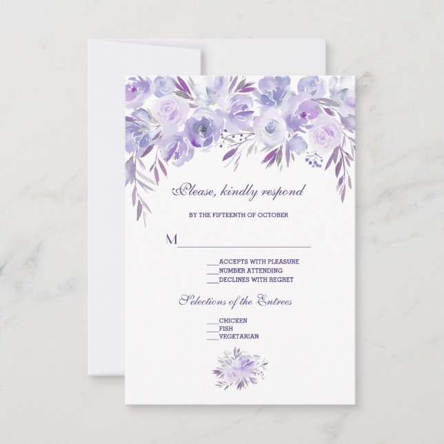 Light Purple Dusty Blue Floral Wedding RSVP Card (Front)