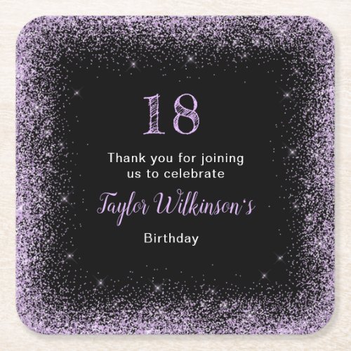Light Purple Faux Glitter Birthday Party Square Paper Coaster