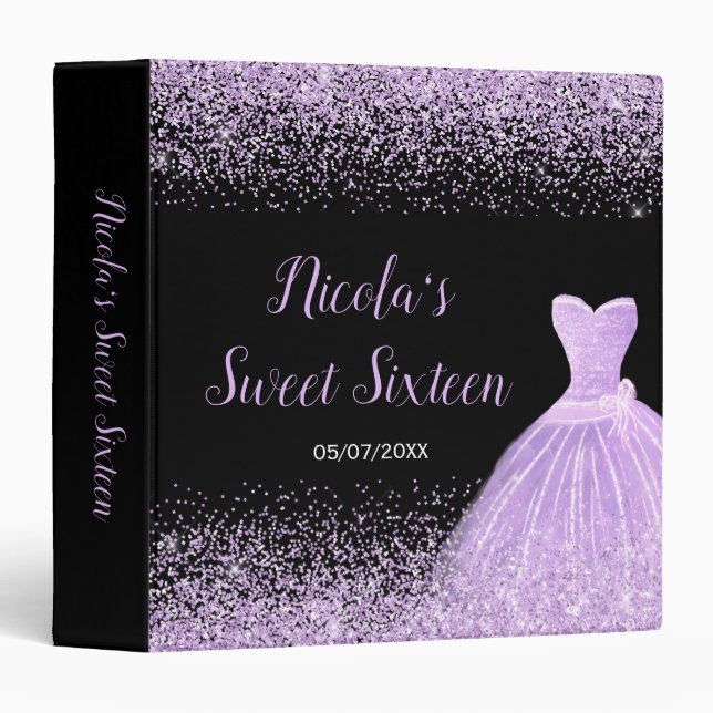 Light Purple Faux Glitter Sweet 16 Photo Album 3 Ring Binder (Front/Spine)