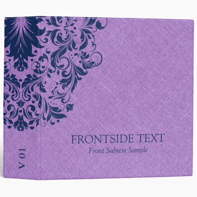 Light Purple Faux Linen Blue Floral Lace 3 Ring Binder (Front/Spine)
