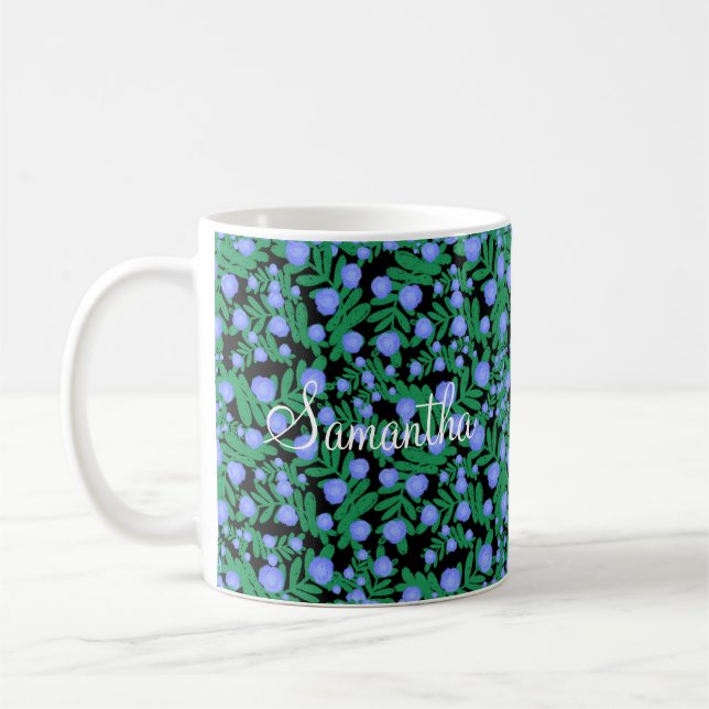 Light Purple Floral Flowers And Green Leaf Plants Coffee Mug (Left)