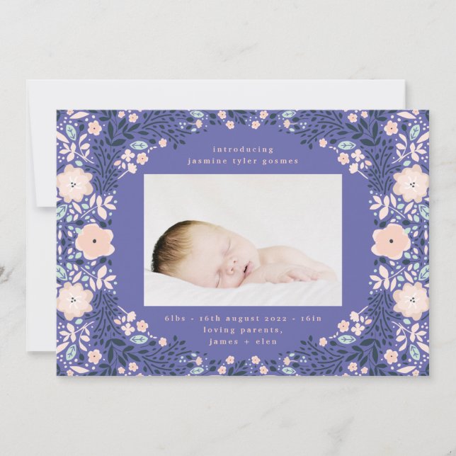 Light Purple Floral Frame Photo baby birth Announcement (Front)