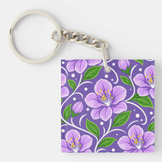 Light Purple Floral Pattern with Green Leaves Keychain