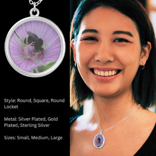 Light Purple Flower With Bee Round Silver Plated Necklace
