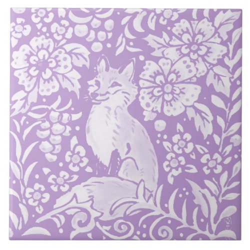 Light Purple Fox Floral Woodland Nature Ceramic Tile