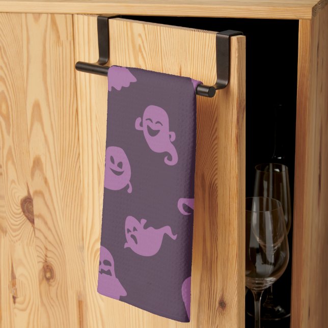 Light Purple Ghosts Dark Purple Halloween Kitchen Towel (Thirds Fold)
