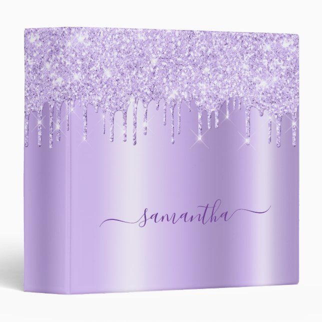Light Purple Glitter Drips Lavender Shimmer Name 3 Ring Binder (Front/Spine)
