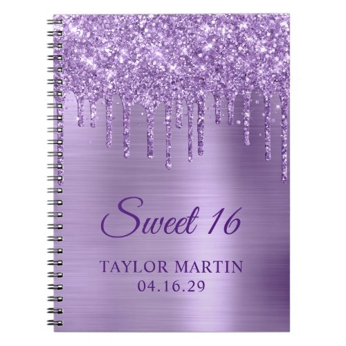 Light Purple Glitter Drips Metallic Sweet 16 Guest Notebook
