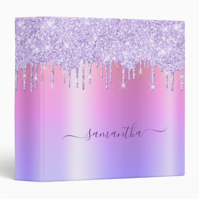 Light Purple Glitter Drips Rainbow Shimmer Name 3 Ring Binder (Front/Spine)