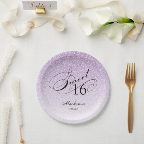 Light Purple Glitter Sweet 16 Personalized Paper Plates