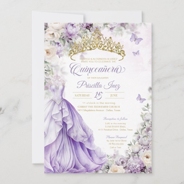 Light Purple & Gold Butterfly Princess Quinceañera Invitation (Front)