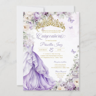 Light Purple & Gold Butterfly Princess Quinceañera Invitation