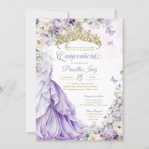 Light Purple  Gold Butterfly Princess Quinceaera Invitation