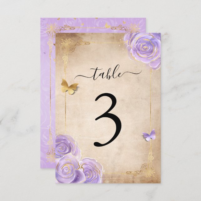 Light Purple Gold Rose Wedding Table Number Cards (Front/Back)