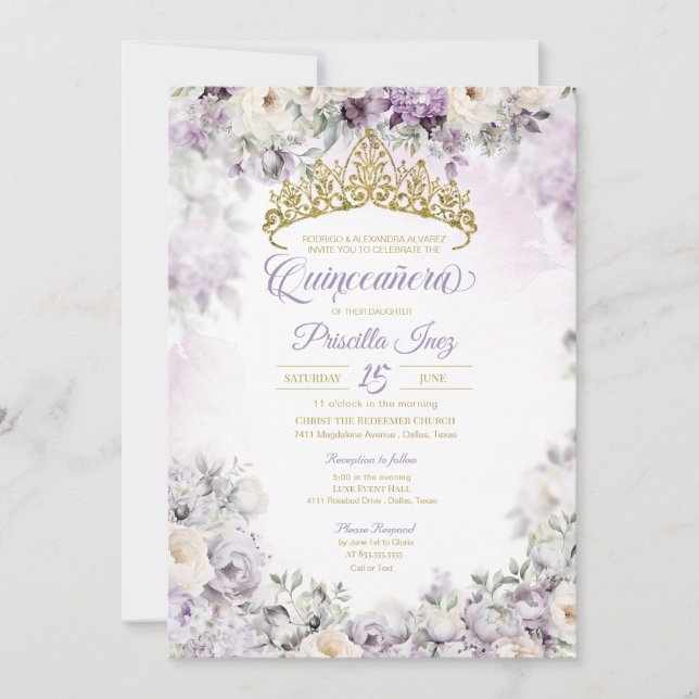 Light Purple & Gold Watercolor Floral Quinceañera Invitation (Front)