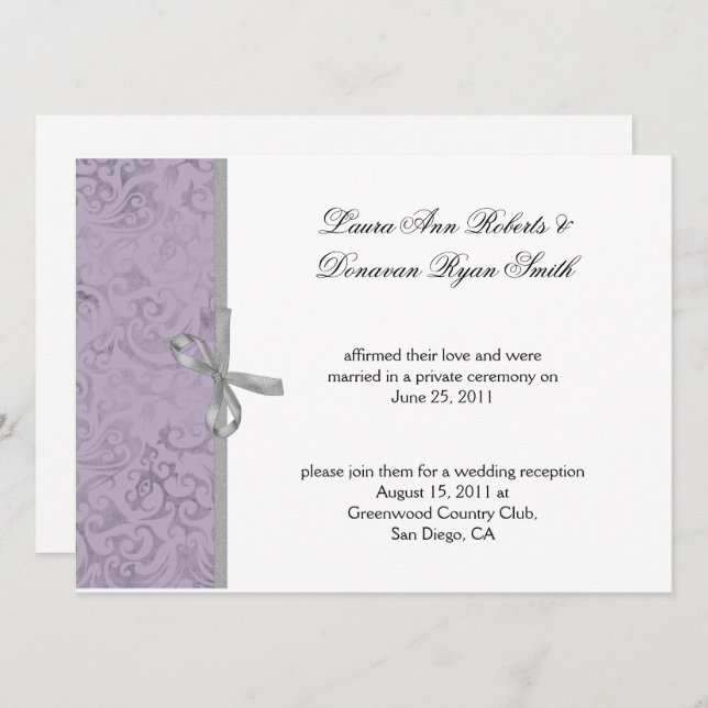 Light Purple Gray White Damask Post Wedding Invitation (Front/Back)
