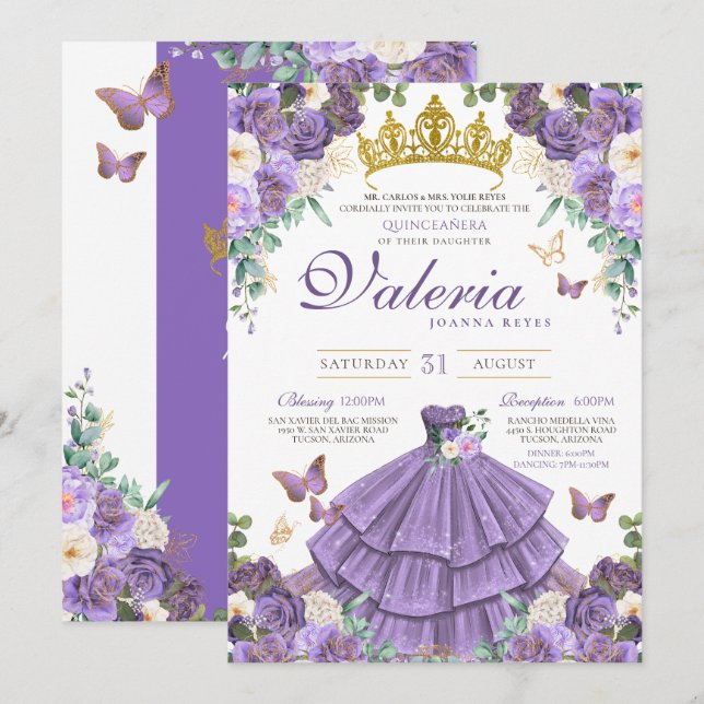 Light Purple Lavender Rose Butterfly Quinceanera Invitation (Front/Back)