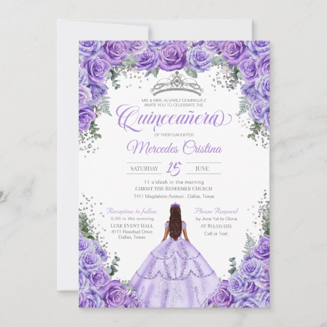 Light Purple Lavender Rose Silver Quinceanera Invitation (Front)