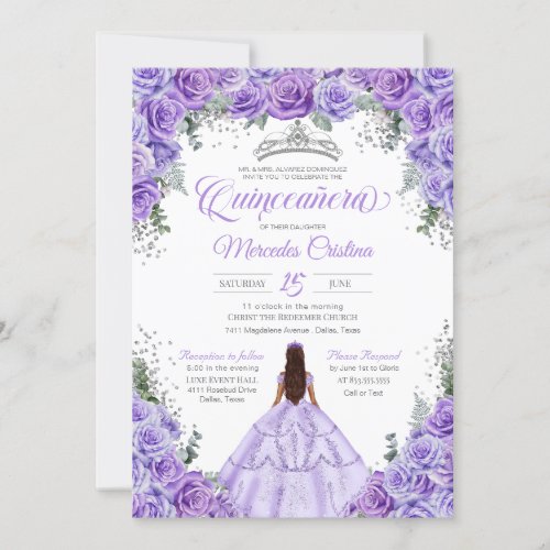 Light Purple Lavender Rose Silver Quinceanera Invitation