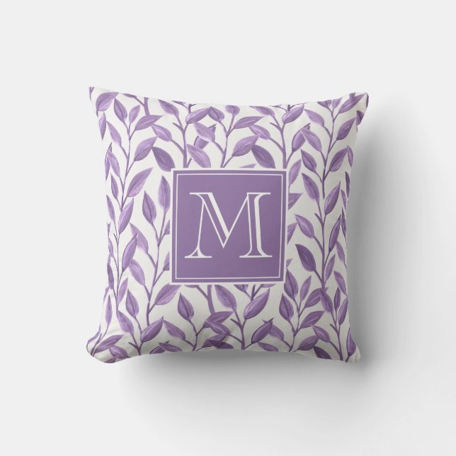 Light Purple Leaves Personalized Monogram Throw Pillow (Front)