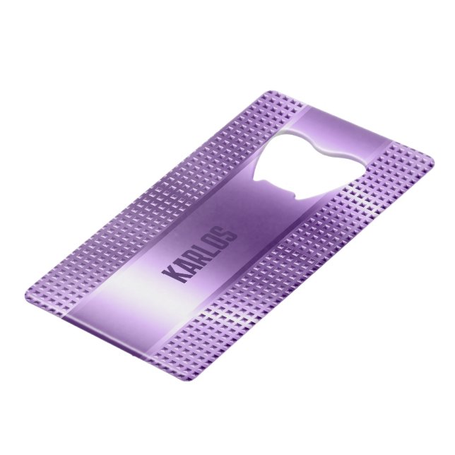 Light-purple metallic texture credit card bottle opener (Back Angled)