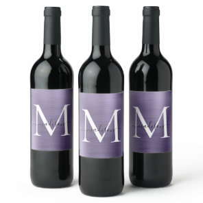 Light Purple Monogram Girly Script Metallic Steel Wine Label