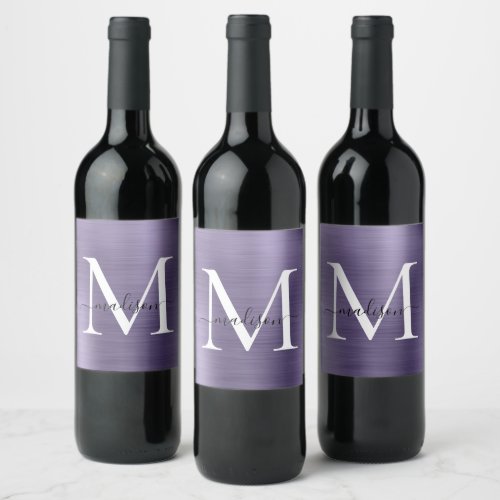 Light Purple Monogram Girly Script Metallic Steel Wine Label