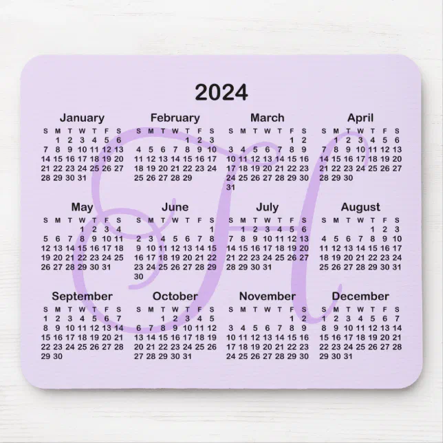 Light Purple Monogrammed 2024 Calendar Mouse Pad | Zazzle