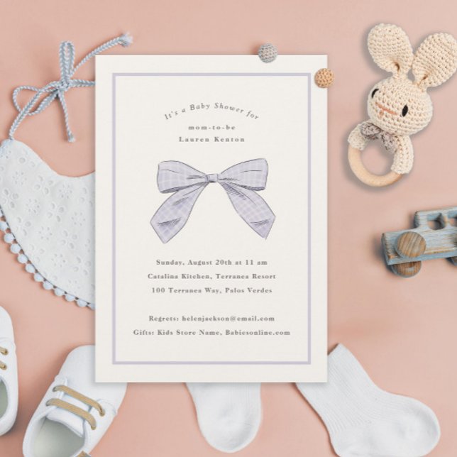 Light Purple Plaid Bow Elegant Baby Shower Invitation (Creator Uploaded)