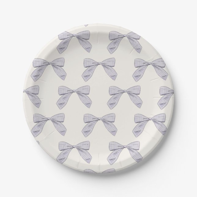 Light Purple Plaid Bow Elegant Neutral Baby Shower Paper Plates (Front)